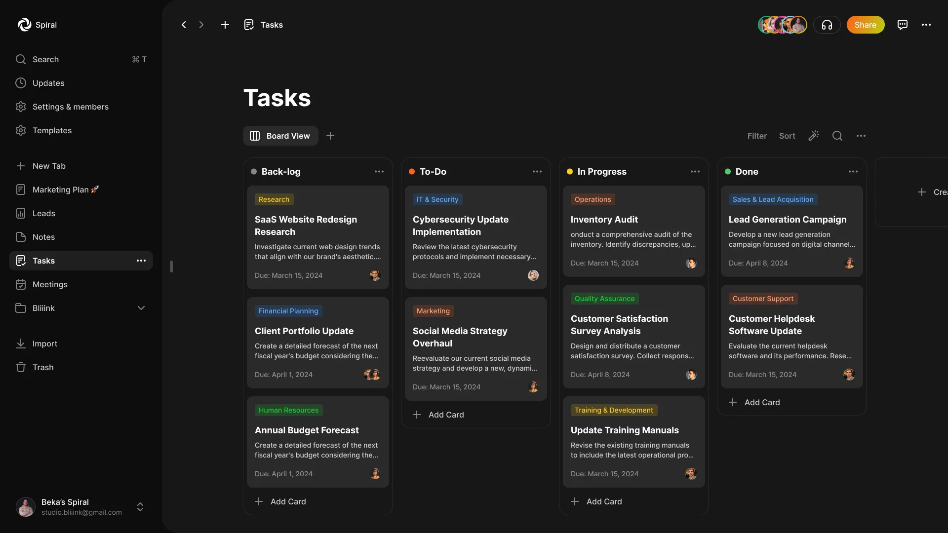 A screen of a platform named as Spiral, where it shows task management view in collaborative mode